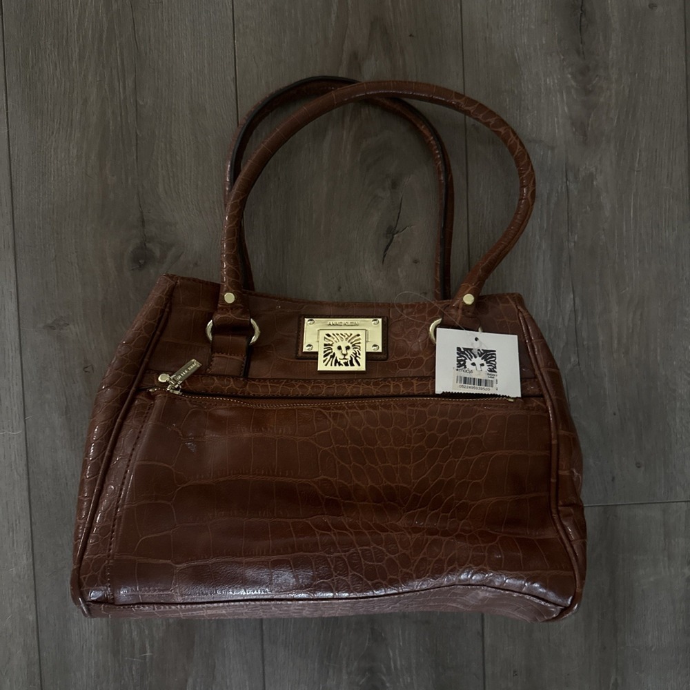 Anne Klein Purse Handbag Brown‎ Faux Crocodile Leather Tote Shoulder Bag